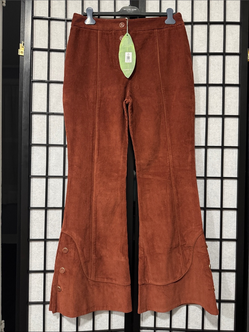 FARM Rio L Brown Corduroy Flare Pants  High Rise Button Detail Retro Wide Leg - Picture 5 of 15